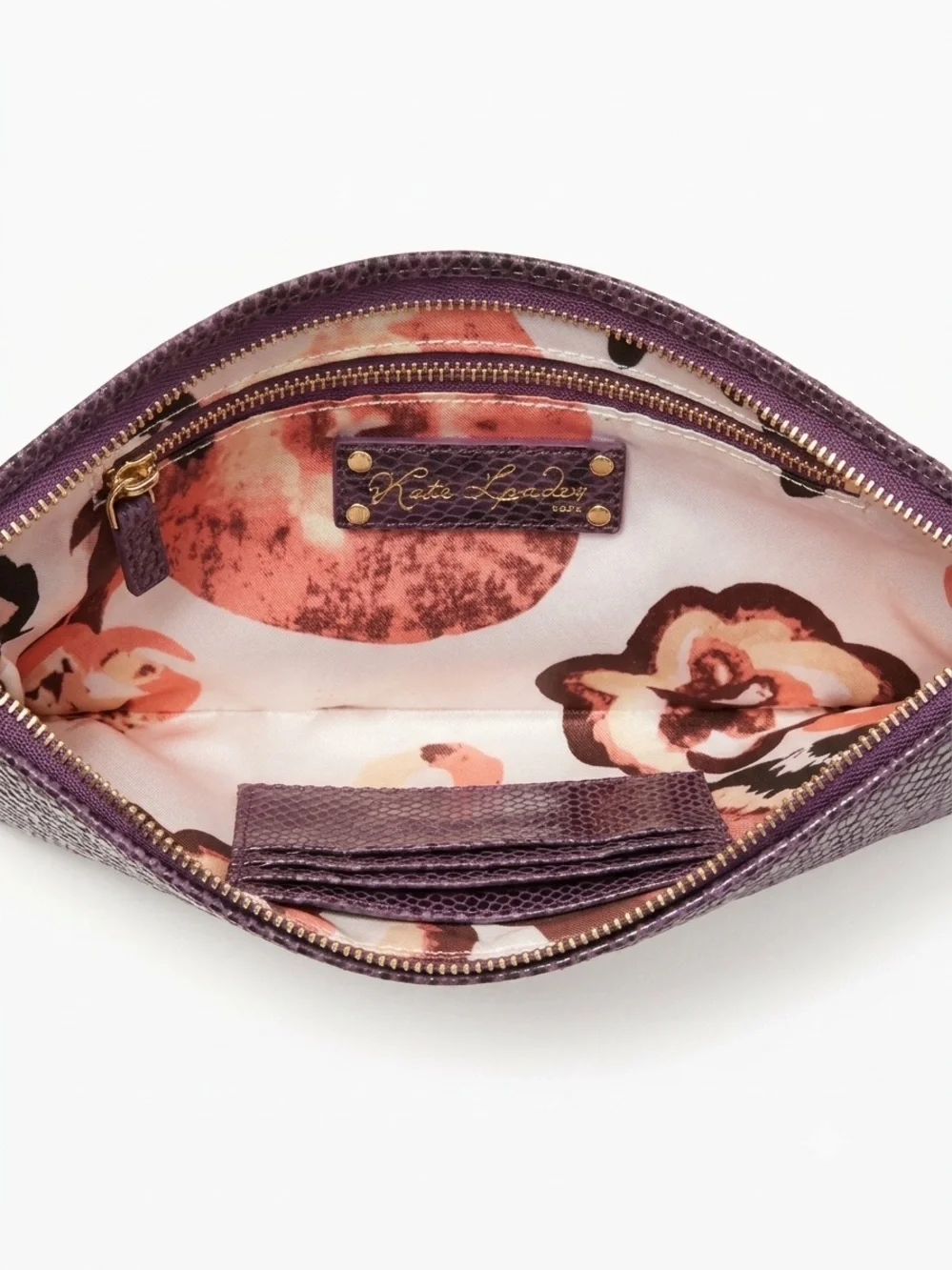 Kate Landry Purple Snakeskin Embossed Leather Clutch | Zip Top